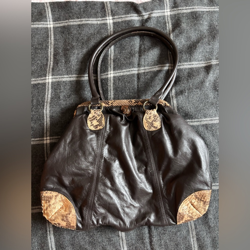Clara Kasavina Handmade Chocolate Brown Leather Python Snake Skin Bag - Picture 10 of 10